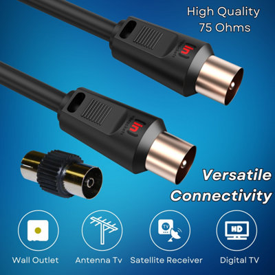Tv Aerial Coax Cable RF Lead Male Plug to Plug with Coupler Gold Plated for Freeview Digital TV and Aerial extension Black 2M - 6