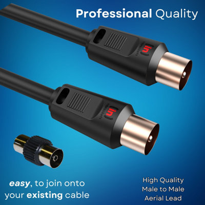 Tv Aerial Coax Cable RF Lead Male Plug to Plug with Coupler Gold Plated for Freeview Digital TV and Aerial extension Black 3M - 4