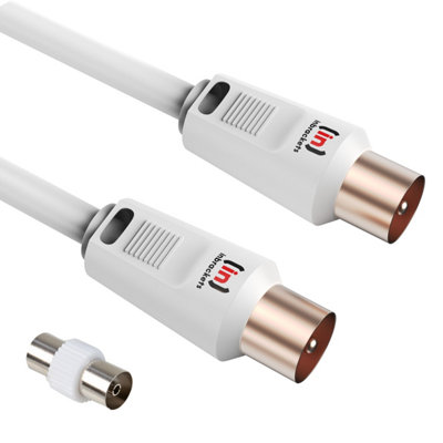 Tv Aerial Coax Cable RF Lead Male Plug to Plug with Coupler Gold Plated for Freeview Digital TV and Aerial White 0.5m