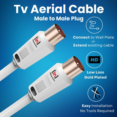 Tv Aerial Coax Cable RF Lead Male Plug to Plug with Coupler Gold Plated for Freeview Digital TV and Aerial  White 1m