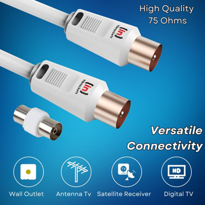 Tv Aerial Coax Cable RF Lead Male Plug to Plug with Coupler Gold Plated for Freeview Digital TV and Aerial  White 1m - 3