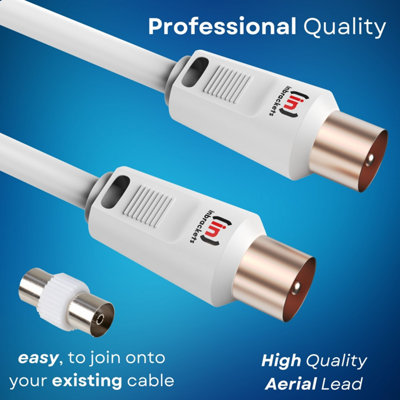 Tv Aerial Coax Cable RF Lead Male Plug to Plug with Coupler Gold Plated for Freeview Digital TV and Aerial White 5m
