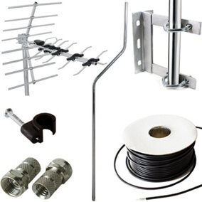 TV Aerial Install/Mounting Kit Coax Cable Cranked Mast Pole Bracket Clips