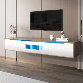 TV Cabinet, High Gloss TV Cabinet, Color Matching High Gloss White and Wood Color, with Color Changing LED Light. 