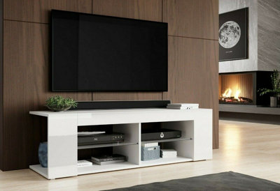 TV Cabinet Shelving Unit with Open Glass Shelf Media Stand 134cm White Gloss / Matt Texas