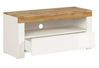 TV Cabinet Stand Media Unit Small 1 Drawer Modern White Gloss Oak Effect 106cm Storage Holten