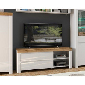 TV Cabinet Stand Unit 2 Drawer Media Table 156cm Modern White Gloss Oak Effect Holten