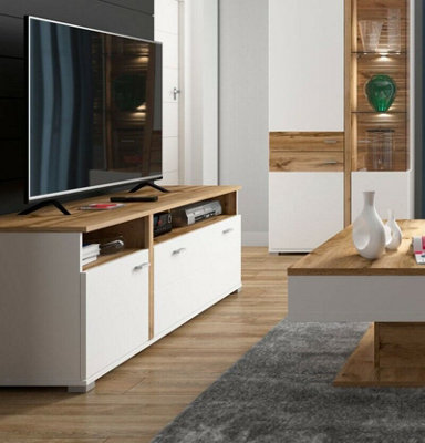 TV Cabinet Unit Stand 1 Door 1 Drawer Living Room Oak Effect White Matt Alamo