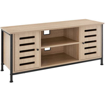 TV Stand Carlow - lowboard with two cabinets, shelves, 2 cable cutouts - industrial wood light, oak Sonoma