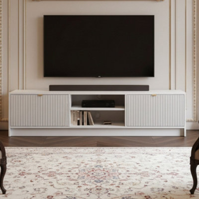 TV Stand Tireno 2K 180 cm White Velvet Modern Ribbed Media Unit Cabinet ...