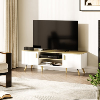 TV Stand with Open Shelf and Cabinets White and Natural | DIY at B&Q