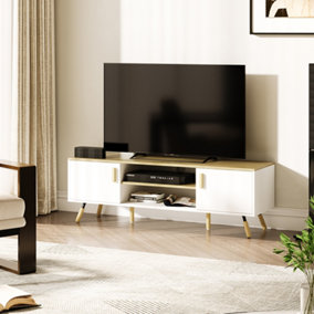 TV Stand with Open Shelf and Cabinets White and Natural