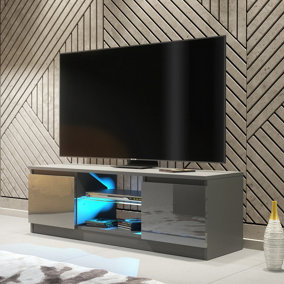 TV Unit 120cm Dark Grey Modern Stand Gloss Doors Free LED