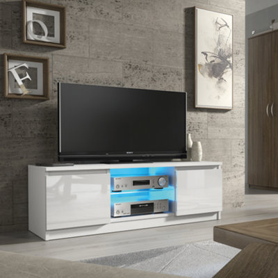 TV Unit 120cm White Modern Stand Gloss Doors Free LED