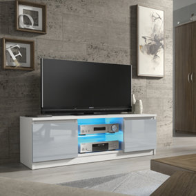 TV Unit 120cm White Modern Stand Grey Gloss Doors Free LED