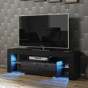 TV Unit 130cm Black Modern Stand Gloss Doors Free LED
