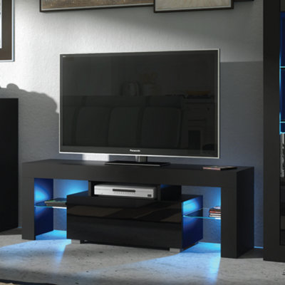 TV Unit 130cm Black Modern Stand Gloss Doors Free LED