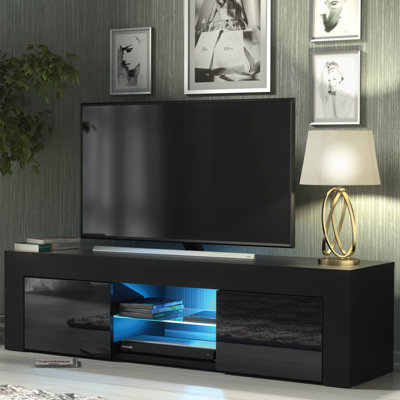 TV Unit 130cm Black Modern Stand Gloss Doors Free LED