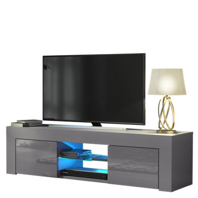 TV Unit 130cm Grey Modern Stand Gloss Doors Free LED