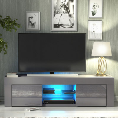 TV Unit 130cm Grey Modern Stand Gloss Doors Free LED