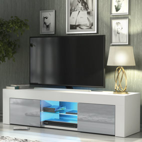 TV Unit 130cm LED Modern White with High Gloss Grey Doors - Creative Furniture