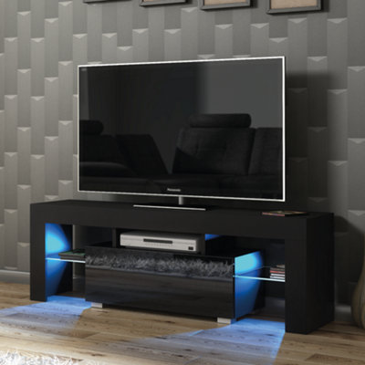 TV Unit 130cm Modern Black with High Gloss Doors - Creative Furniture