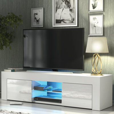 TV Unit 130cm Modern White with High Gloss Doors & LED - Creative Furniture