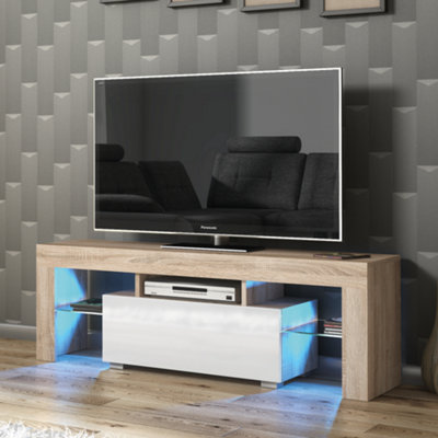 TV Unit 130cm Oak Modern Stand White Gloss Doors Free LED