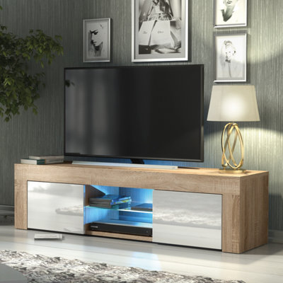TV Unit 130cm Oak Modern Stand White Gloss Doors Free LED DIY at B Q