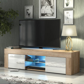 TV Unit 130cm Oak Modern Stand White Gloss Doors Free LED