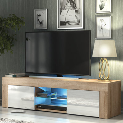 TV Unit 130cm Oak Modern Stand White Gloss Doors