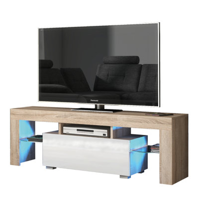 TV Unit 130cm Sideboard Cabinet Cupboard TV Stand Living Room High Gloss Doors - Oak & White