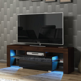 TV Unit 130cm Walnut Modern Stand Black Gloss Doors Free LED