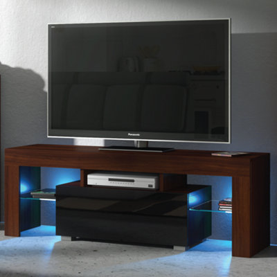TV Unit 130cm Walnut Modern Stand Black Gloss Doors Free LED