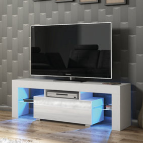 TV Unit 130cm White Modern Stand Gloss Doors Free LED