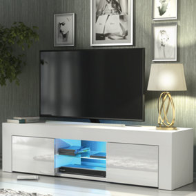TV Unit 130cm White Modern Stand Gloss Doors Free LED