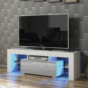 TV Unit 130cm White Modern Stand Grey Gloss Doors Free LED