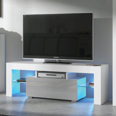 TV Unit 130cm White Modern Stand Grey Gloss Doors Free LED