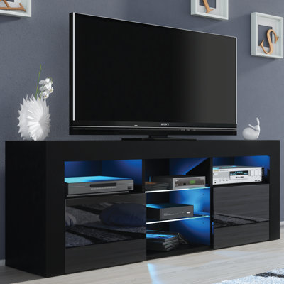 TV Unit 145cm LED Modern Black with High Gloss Doors - Creative Furniture