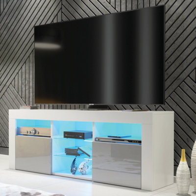 TV Unit 145cm LED Modern White with High Gloss Grey Doors - Creative Furniture