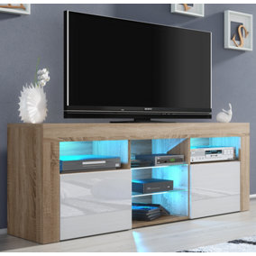 TV Unit 145cm Oak Modern Stand White Gloss Doors Free LED