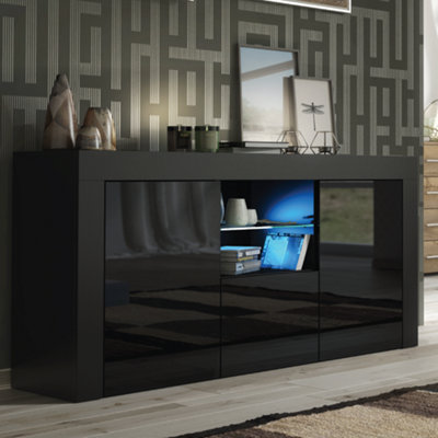 TV Unit 145cm Sideboard Cabinet Cupboard TV Stand Living Room High Gloss Doors - Black