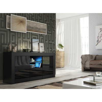 TV Unit 145cm Sideboard Cabinet Cupboard TV Stand Living Room High Gloss Doors - Black
