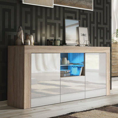 TV Unit 145cm Sideboard Cabinet Cupboard TV Stand Living Room High Gloss Doors - Oak & White