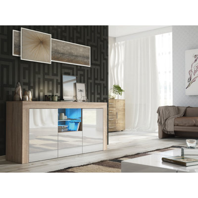 TV Unit 145cm Sideboard Cabinet Cupboard TV Stand Living Room High Gloss Doors - Oak & White