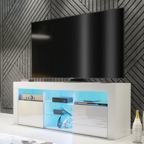 TV Unit 145cm White Modern Stand Gloss Doors Free LED