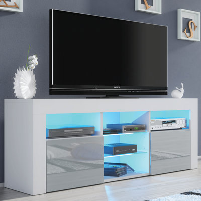 TV Unit 145cm White Modern Stand Grey Gloss Doors Free LED