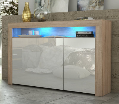 TV Unit 155cm Sideboard Cabinet Cupboard TV Stand Living Room High Gloss Doors - Oak & White