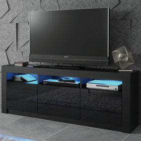 TV Unit 160cm Black Modern Stand Gloss Doors Free LED