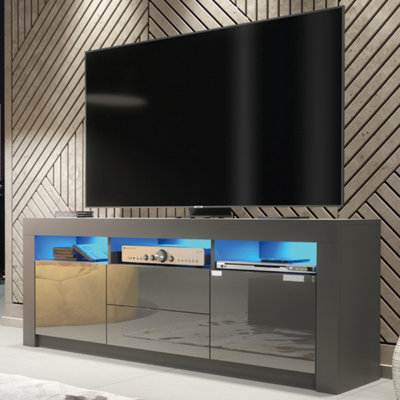 TV Unit 160cm Dark Grey Modern Stand Gloss Doors Free LED